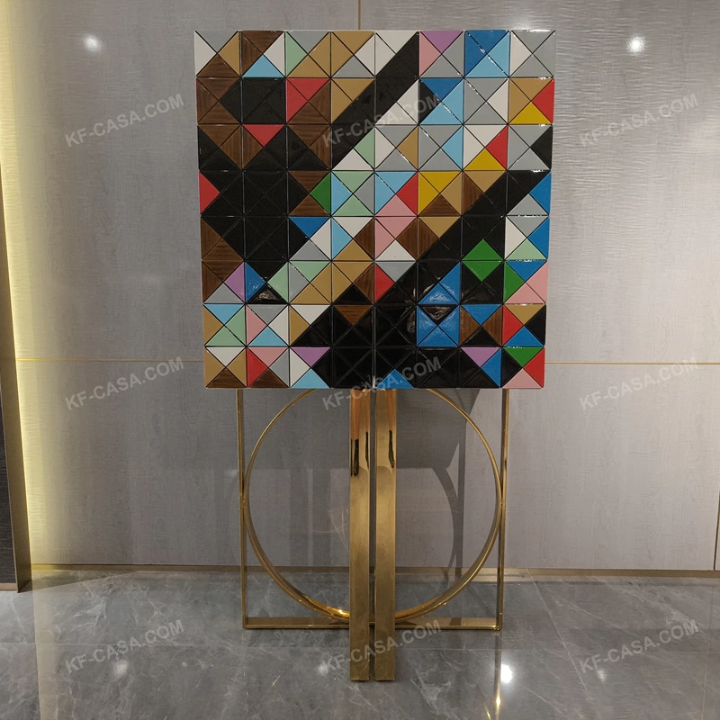 Tall Four-Door Sideboard with Multicolor Faceted Geometric Panels Nine Internal Drawers and Gold-Tone High-Gloss Stainless Steel Circular Base